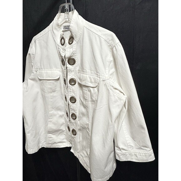New Direction Women 1X White Cotton Denim Jacket‎ Large Gold Rings Decor - Picture 6 of 10